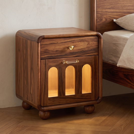 Adouer Wood Solid Sheesham Wood Bedside Table with Drawer and Fluted Acrylic Glass Door