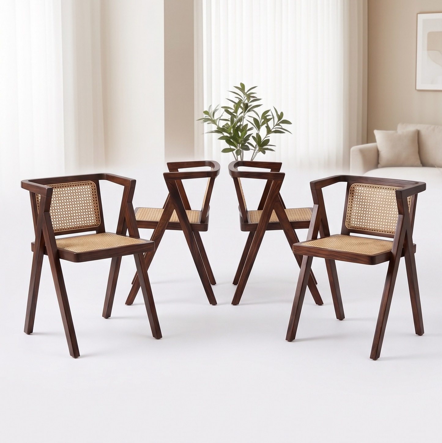 ADOUER WOOD Japandi Round Wooden Dining Table with Ribbed Pedestal Base and Natural Rattan Rattan/Cane Accent Chairs