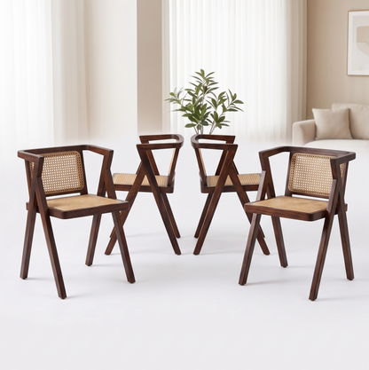 ADOUER WOOD Japandi Round Wooden Dining Table with Ribbed Pedestal Base and Natural Rattan Rattan/Cane Accent Chairs