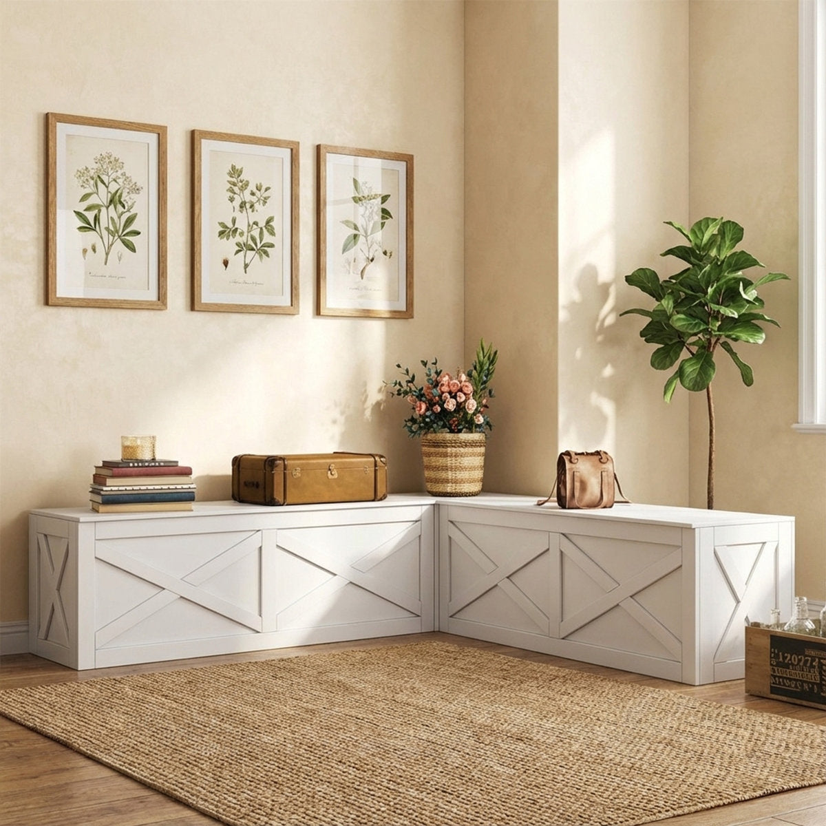 Adouer Wood Solid Wood L-Shape Corner Storage Bench with Upholstered Seating