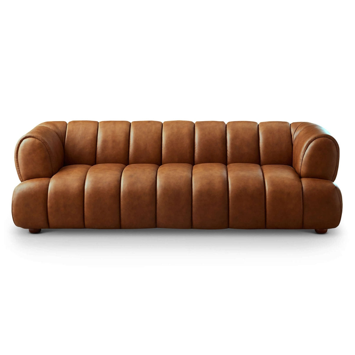 Modern Low-Profile "Bubble" Leather Sofa with Deep Vertical Channel Tufting and Solid Wood Frame