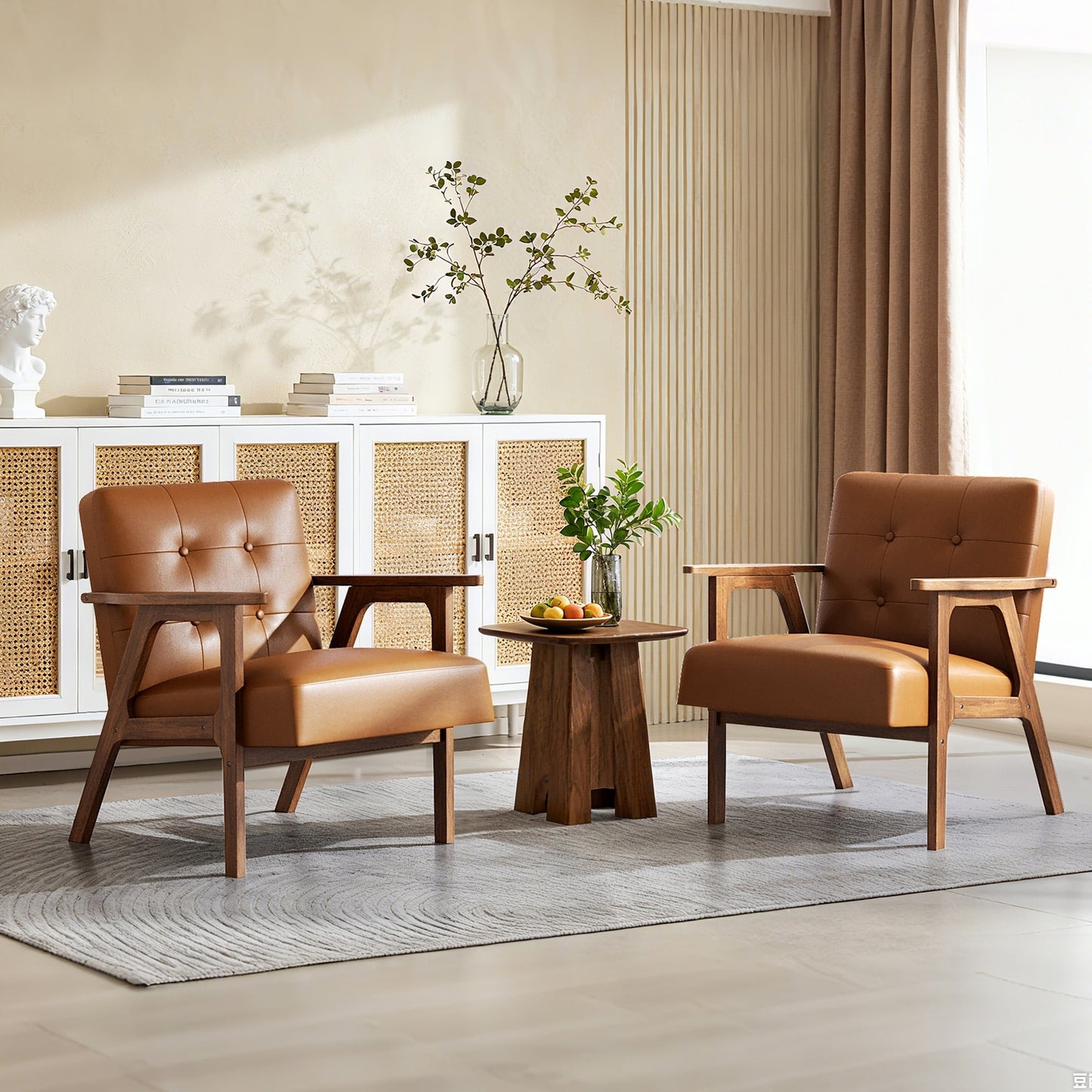 Walnut-Toned Acacia and Black Upholstered Arm Chair