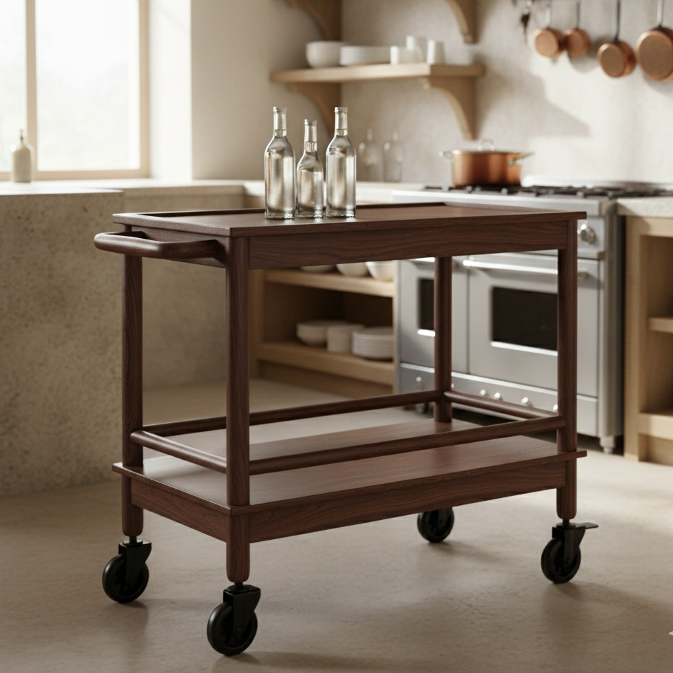 ADOUER WOOD Premium Acacia Wood Bar Cart – 2-Tier Mobile Serving Trolley with Solid Wood Frame & Handle – Rolling Kitchen Island with PVC Wheels