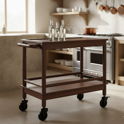 ADOUER WOOD Premium Acacia Wood Bar Cart – 2-Tier Mobile Serving Trolley with Solid Wood Frame & Handle – Rolling Kitchen Island with PVC Wheels