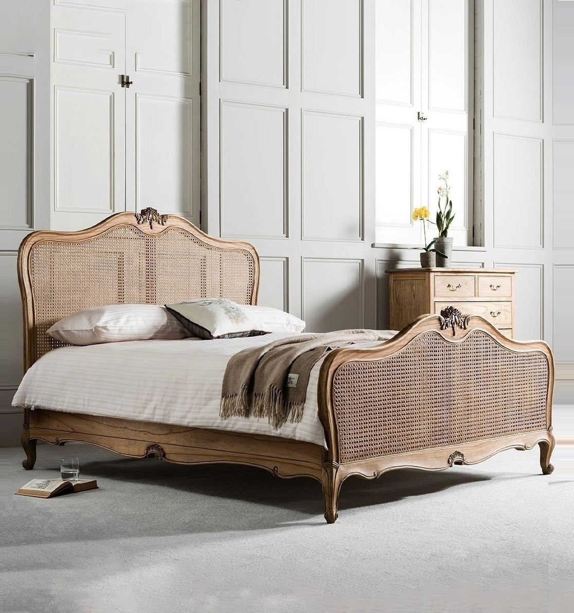 Adouer Wood Hand Carved Natural French Vintage Rattan Bed