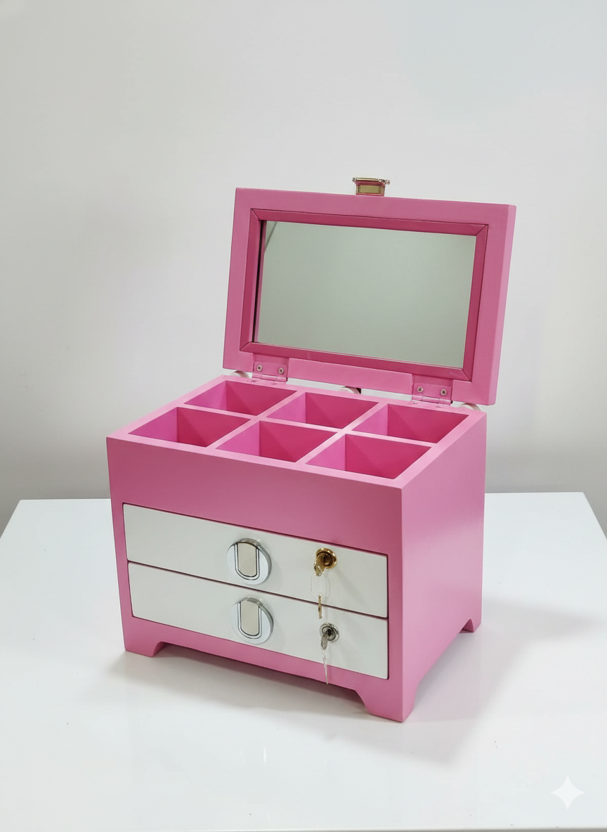 Adouer Wood Premium Solid Wood Jewellery Box with 2 Drawers & Mirror , Handcrafted Solidwood Keepsake Box