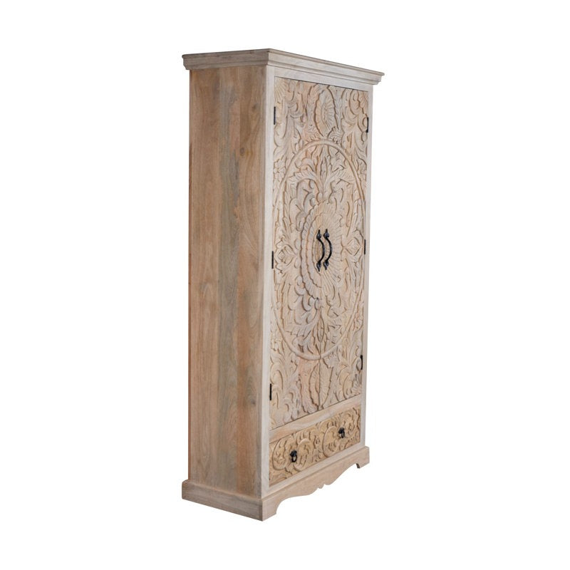 ADOUER WOOD Hand-Carved Solid Wood Wardrobe – Bohemian Floral Mandala Armoire with Integrated Storage Drawer
