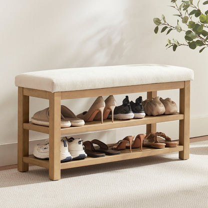 Space-Saving Solid Wood Shoe Bench with Dual Shelves and Comfortable Upholstered Seating