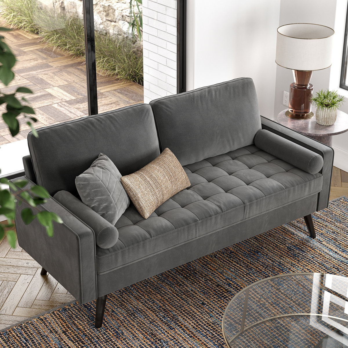 Modern Tufted Velvet 3 Seater Sofa with Solid Wood Base