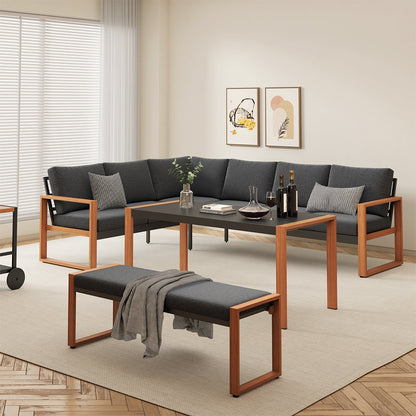 Adouer Wood Signature Series: Contemporary 7-Seater Patio Sofa with Integrated Dining Table and Bench