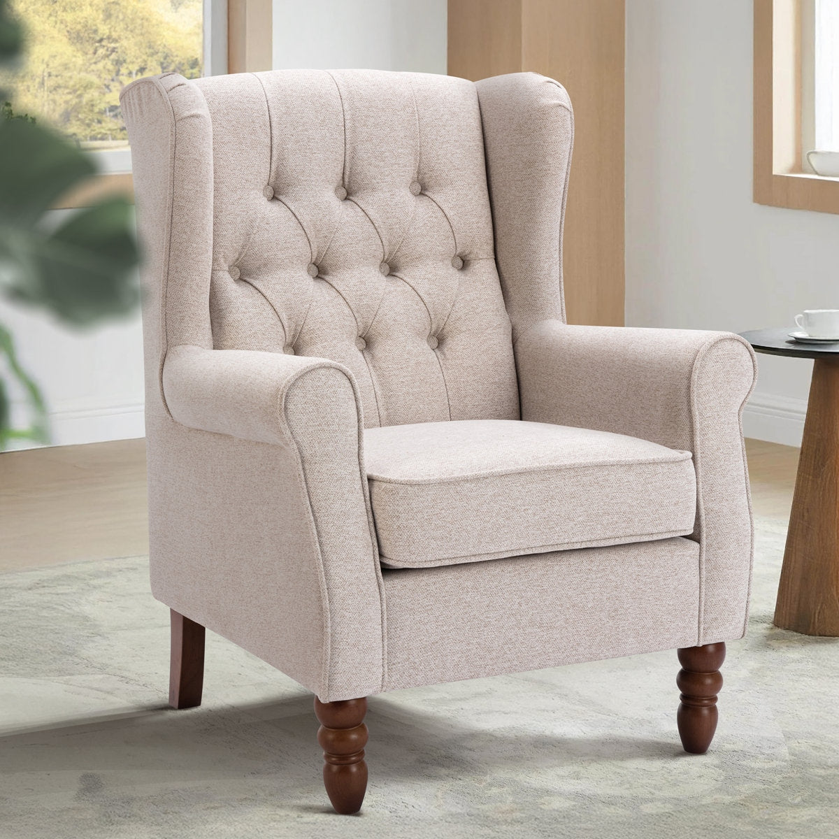 Classic Button-Tufted Cotton Wingback Chair with Solid Acacia Wood Frame