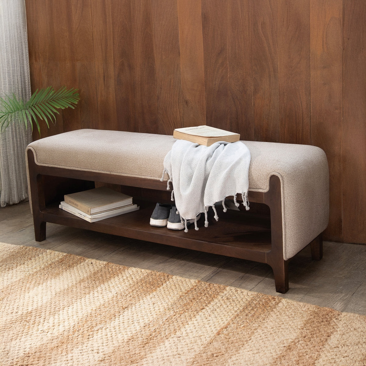 Adouer Wood Mid-Century Modern Solid Wood Bench with Premium Polyester Upholstery