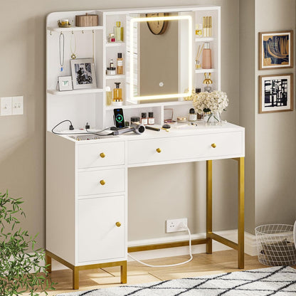 Premium Solid Wood Dressing Table featuring Multi-Tier Shelving and Smart LED Square Mirror