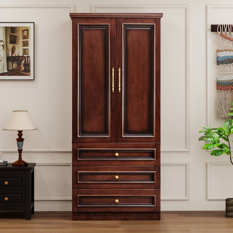 ADOUER WOOD Solid Wood 2-Door Wardrobe – Elegant with 3 Deep Storage Drawers – Traditional Bedroom Almirah with Gold-Tone Hardware