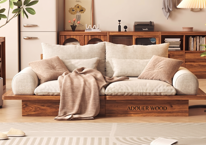 Japanese Style Platform Sofa with Soild Wood Base and Cotton Fabric