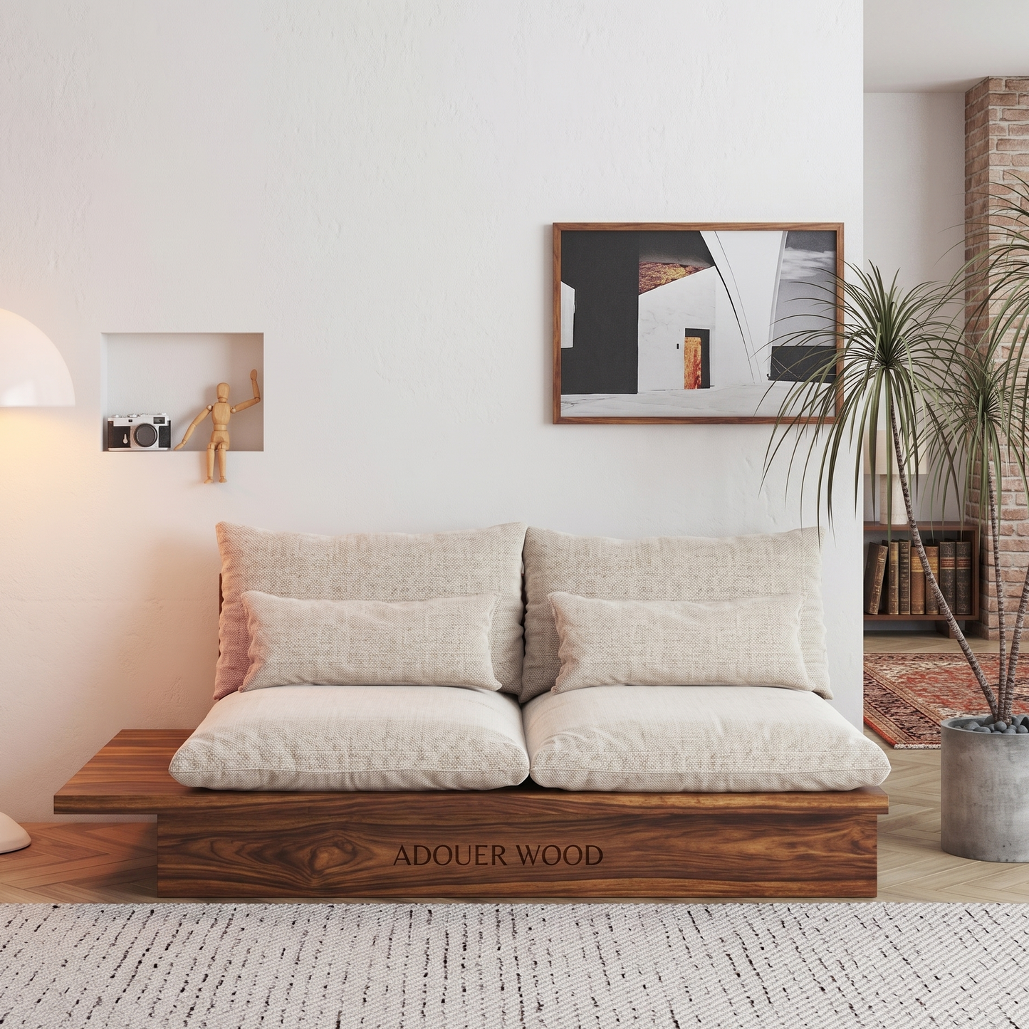 Japanese Style Platform Sofa with Soild Wood Base and Cotton Fabric