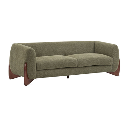 Elegant Boucle Sofa with Curved Sheesham Base