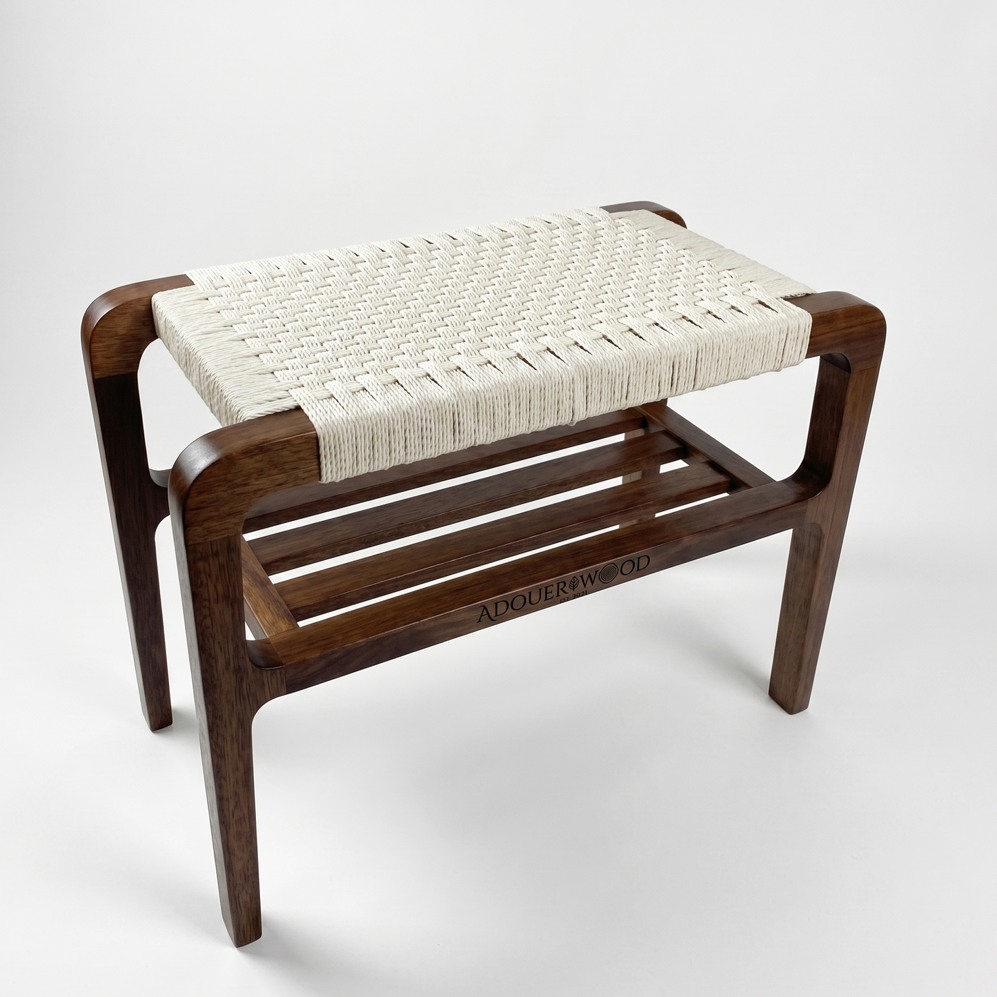 ADOUER WOOD Handcrafted Solid Wood Entryway Bench/Stool with Woven Cotton Rope Seat