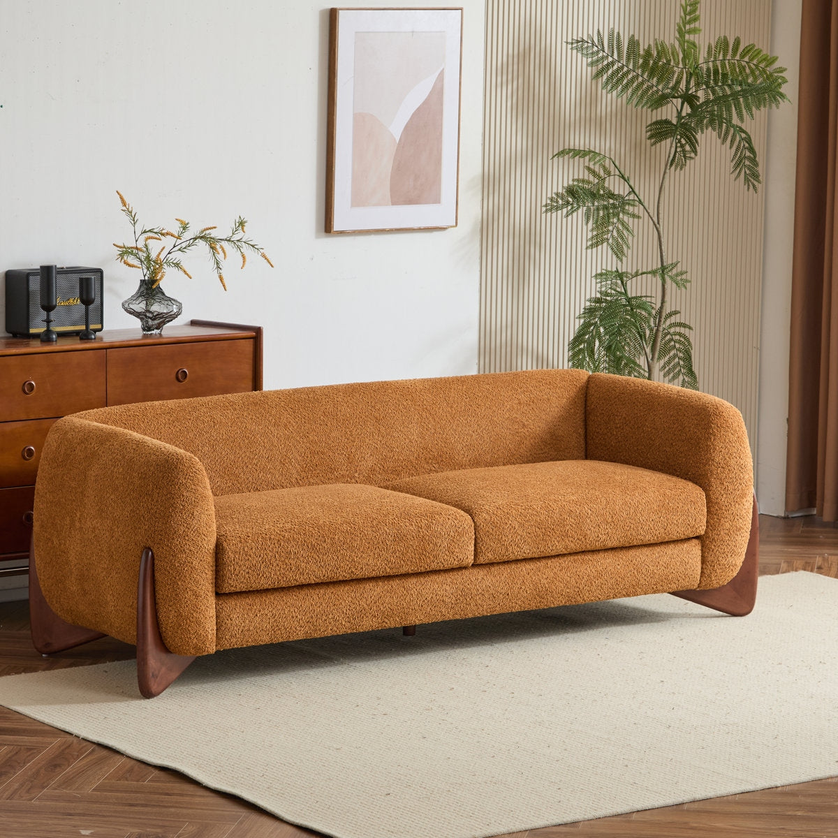 Elegant Boucle Sofa with Curved Sheesham Base
