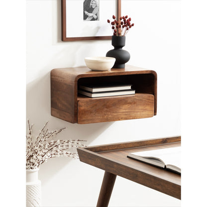 Waterfall Edge Solid Wood Wall-Mount Shelf with Drawer