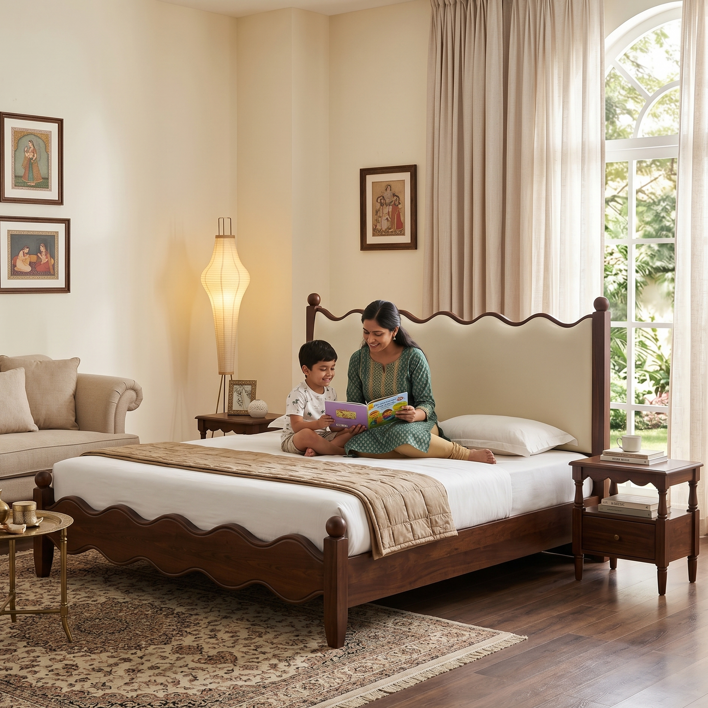 ADOUER WOOD The Scallop Collection: Solid Wood Platform Bed with Cream Upholstery