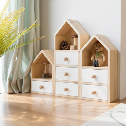ADOUER WOOD Montessori Wooden House Storage Unit – Kids’ Nursery Bookshelf & Dresser with White Drawers – Set of 3 Modular Playroom Organizers