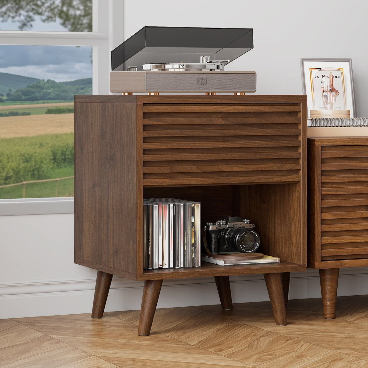 ADOUER WOOD Solid Wood Mid-Century Modern Bedside Table with Slatted Drawer and Open Shelf