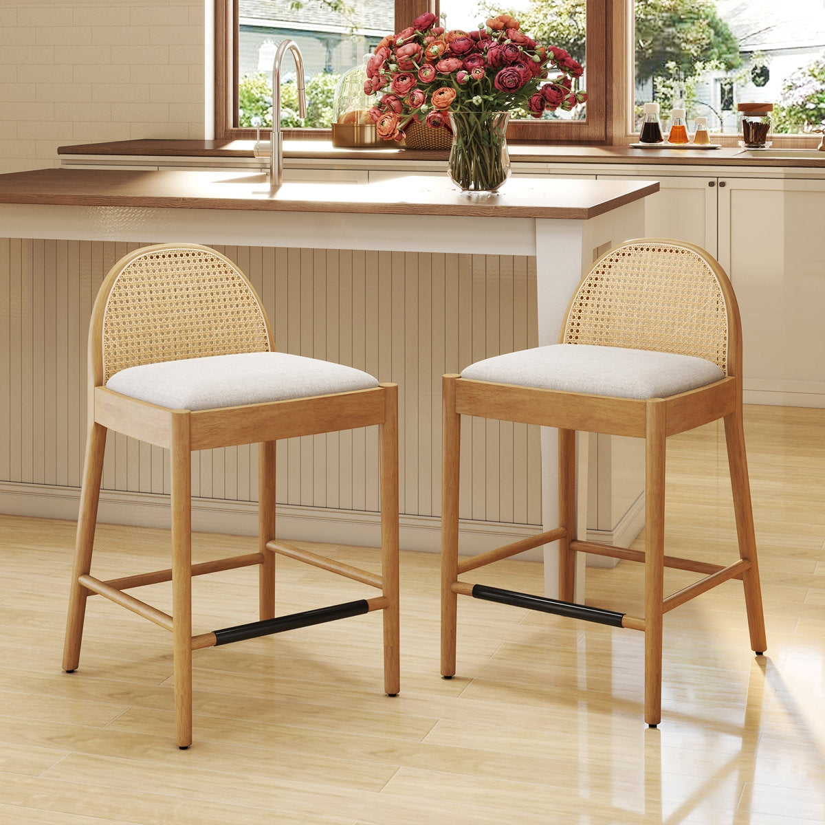 The Heritage Solid Wood Bar Stool Set – Handcrafted Woven Rattan & Cotton Upholstery
