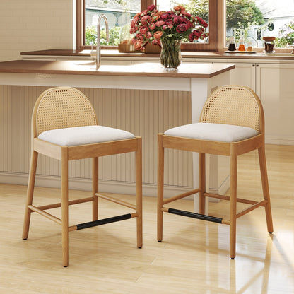 The Heritage Solid Wood Bar Stool Set – Handcrafted Woven Rattan & Cotton Upholstery