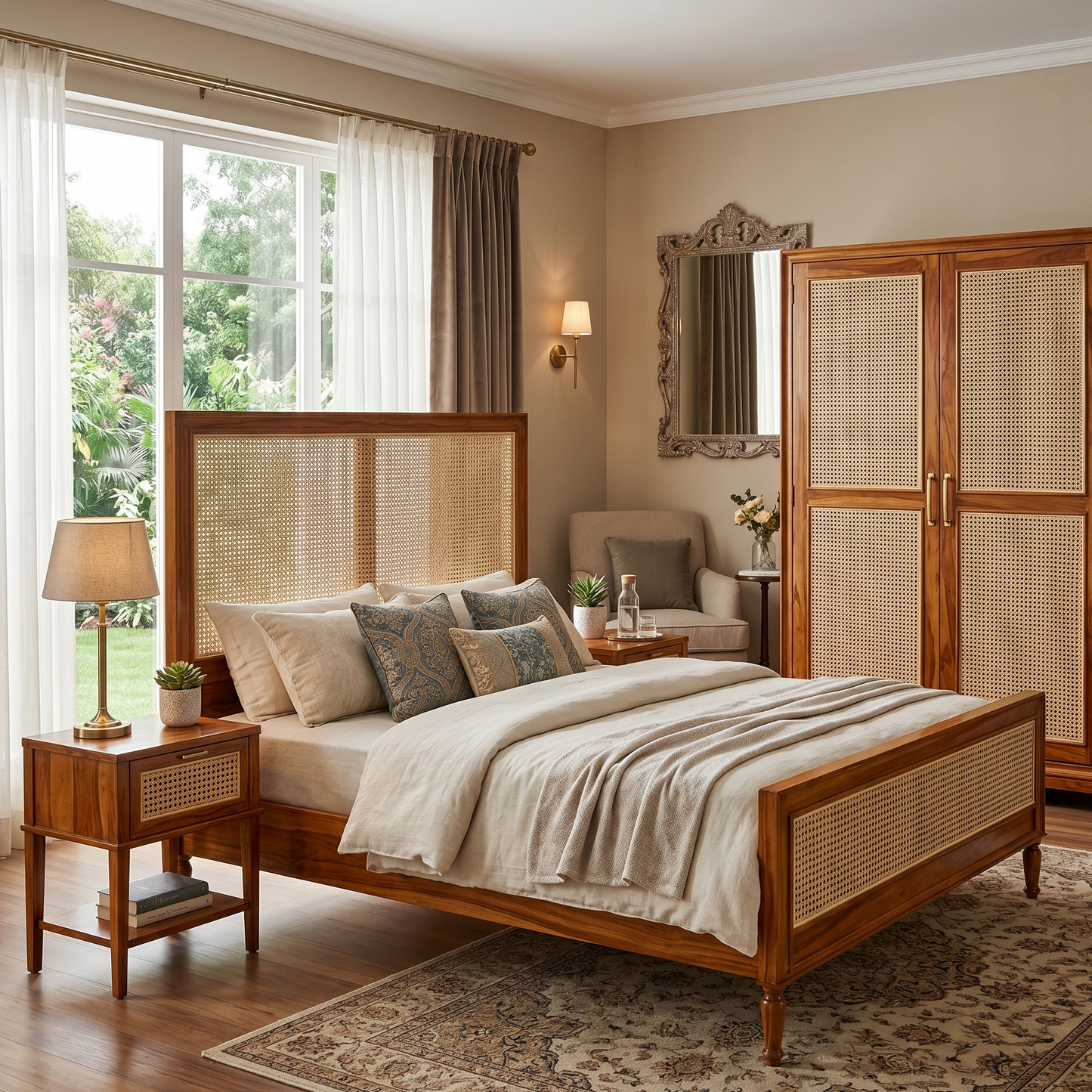 ADOUER WOOD Handcrafted Solid Wood Bed Frame with Woven Cane Headboard and Footboard
