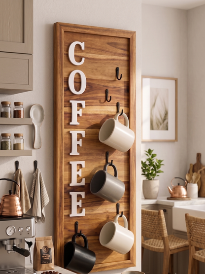 ADOUER WOOD Vertical Wooden Coffee Mug Rack with Wall Sign