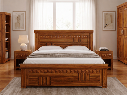 ADOUER WOOD Solid Sheesham Wood King Size Bed with Handcrafted Geometric Carving