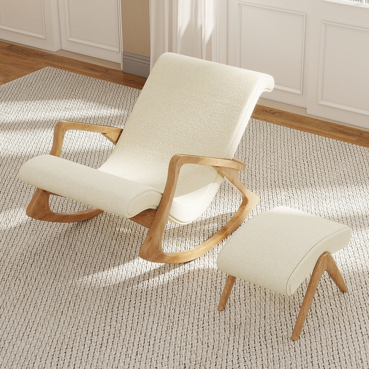 Solid Acacia Wood Rocker & Cotton Footstool Set for Living Room