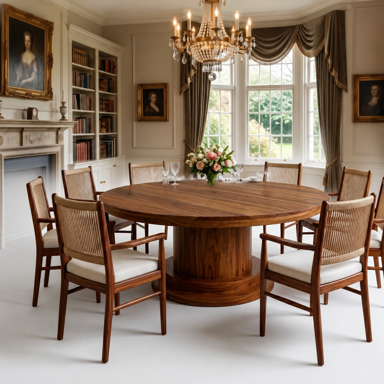 Luxury 7-Seater Round Dining Set - Natural Wood Finish with Beige Upholstery and Corded Backrest
