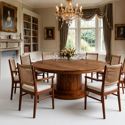 Luxury 7-Seater Round Dining Set - Natural Wood Finish with Beige Upholstery and Corded Backrest