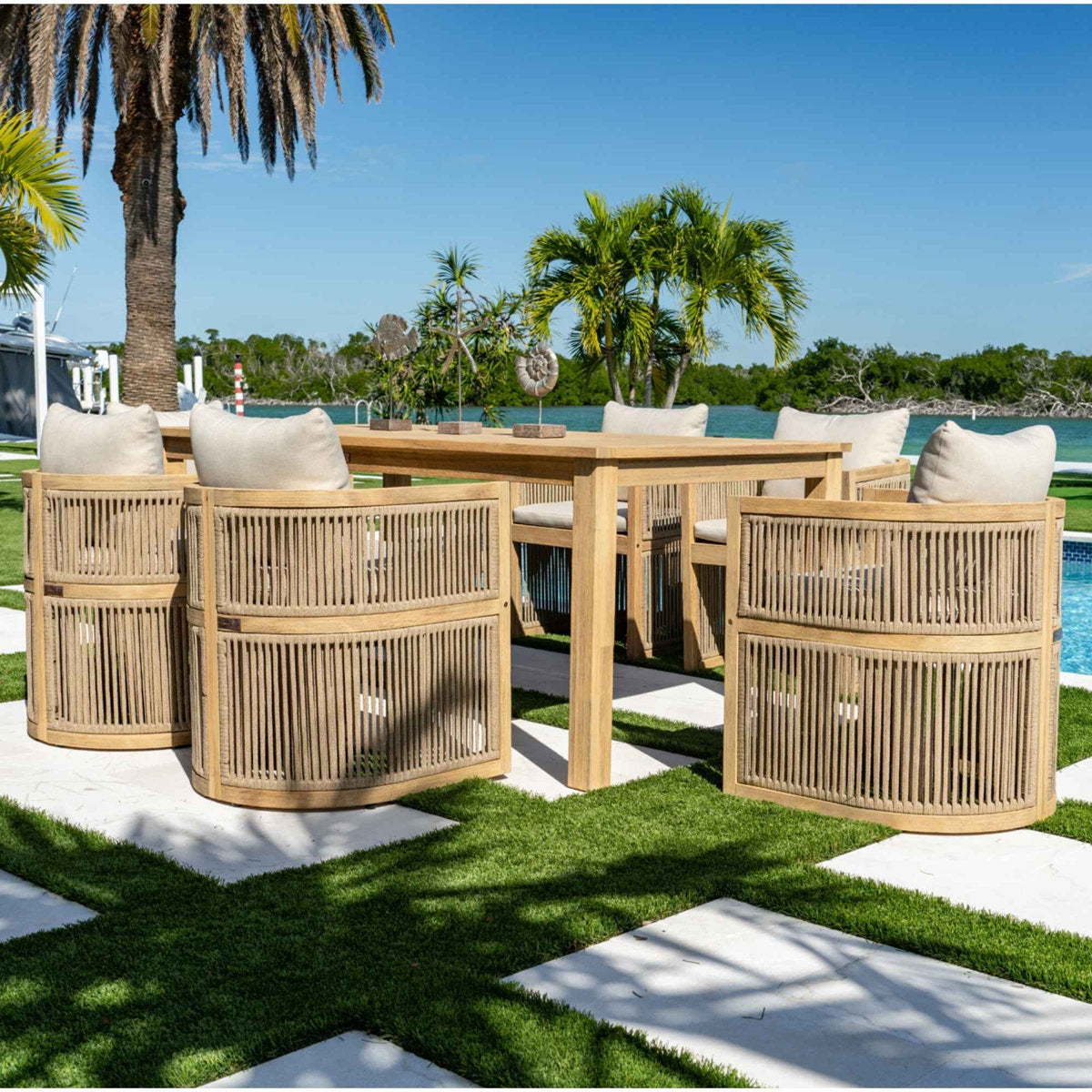Solid Wood Rectangular Dining Table with Hand-Woven Barrel Chairs