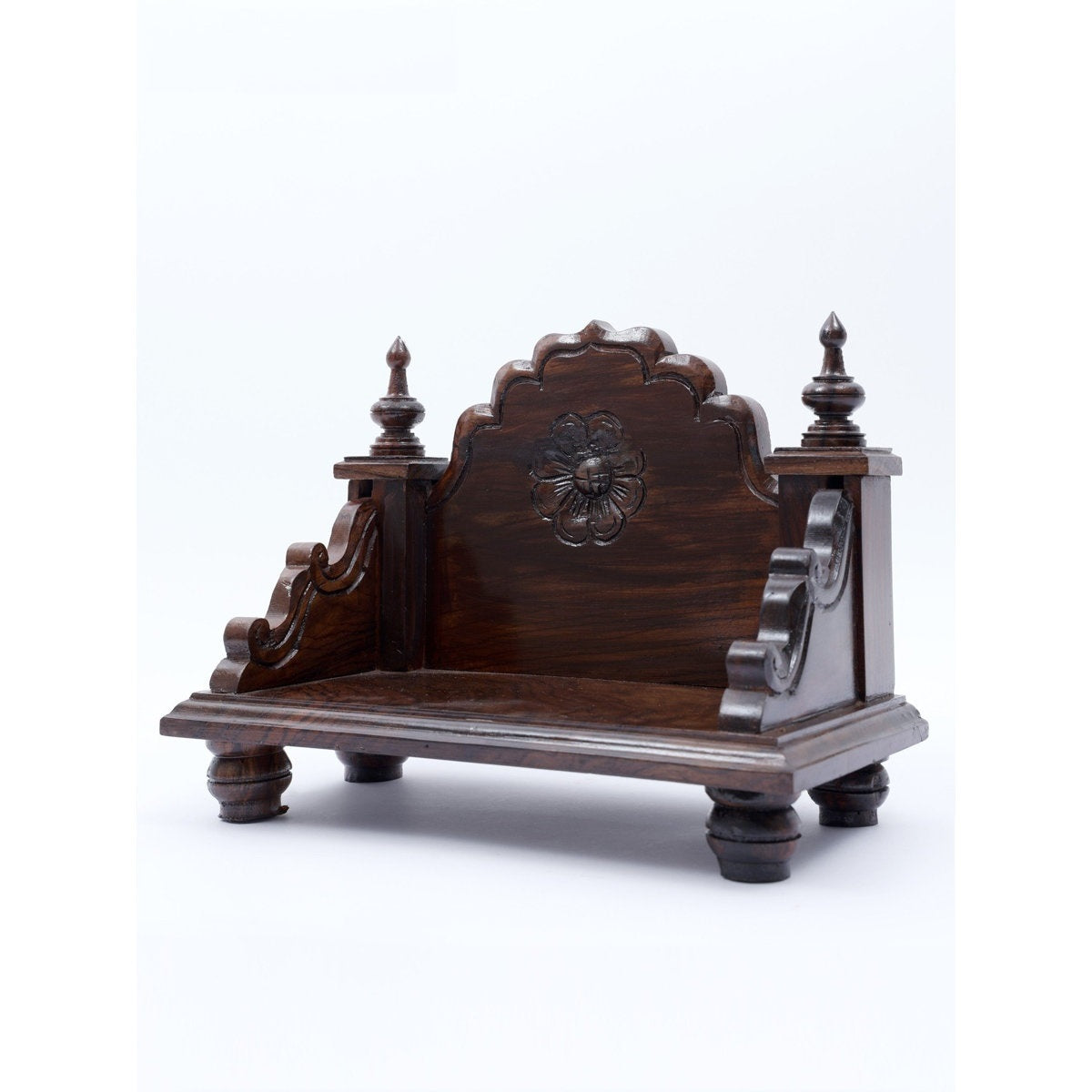 Sheesham Wood Pooja Mandir with Flower Design in Elegant Walnut Finish