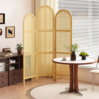 ADOUER WOOD Handcrafted Arched 3-Panel Room Divider with Natural Cane Webbing
