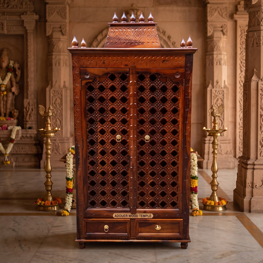 ADOUER WOOD Intricately Crafted Solid Teak Wood Puja Ghar / Temple