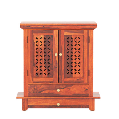ADOUER WOOD 31'' Sheesham Wood Hand Double Drawers And 2 Door Pooja Mandir (Honey)