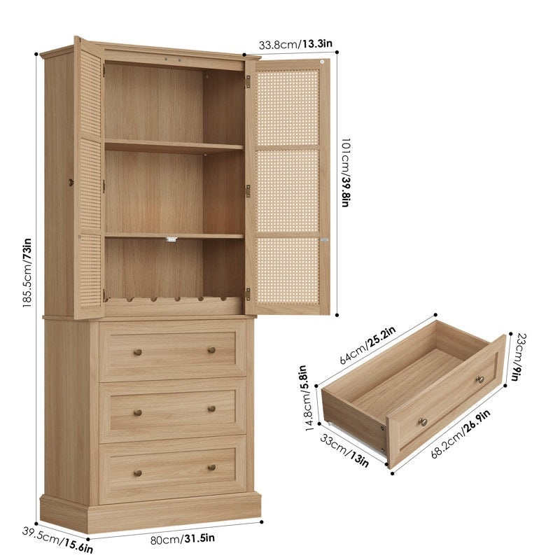 ADOUER WOOD  Solid Wood Kitchen Pantry with Rattan Doors, 3 Storage Drawers and Adjustable Shelves
