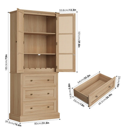 ADOUER WOOD  Solid Wood Kitchen Pantry with Rattan Doors, 3 Storage Drawers and Adjustable Shelves