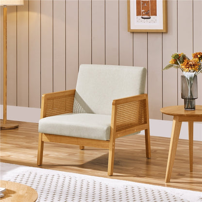 Modern Caned Arm Chair – Acacia Wood & Cotton