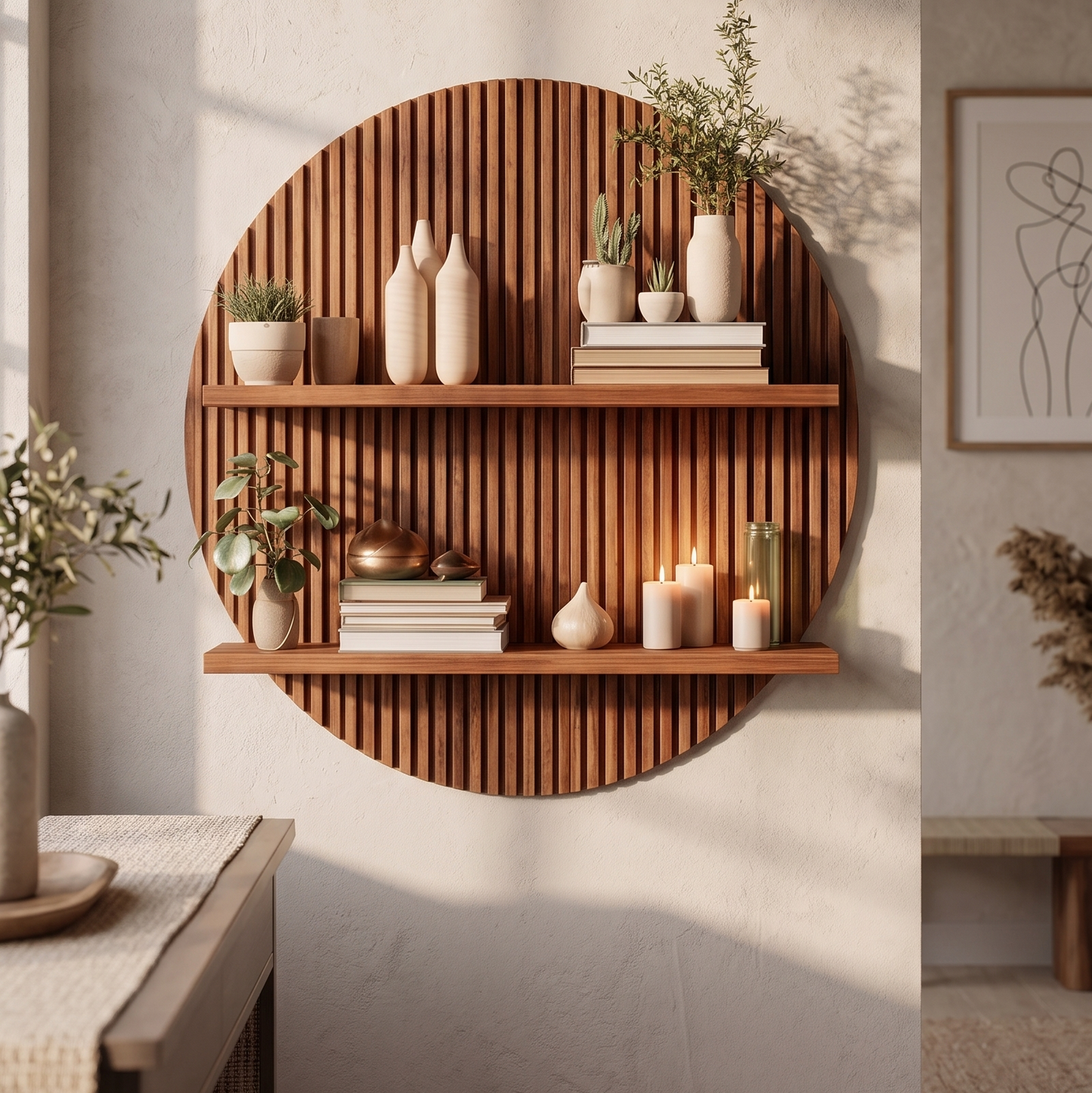 ADOUER WOOD Modern Circular Fluted Wood Wall Decor – 2-Tier Floating Shelf