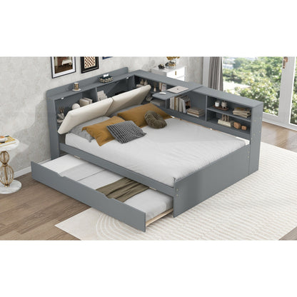 Modern Solid Wood Trundle Bed with Built-In Bookshelf Headboard & Pull-Out Storage Bed
