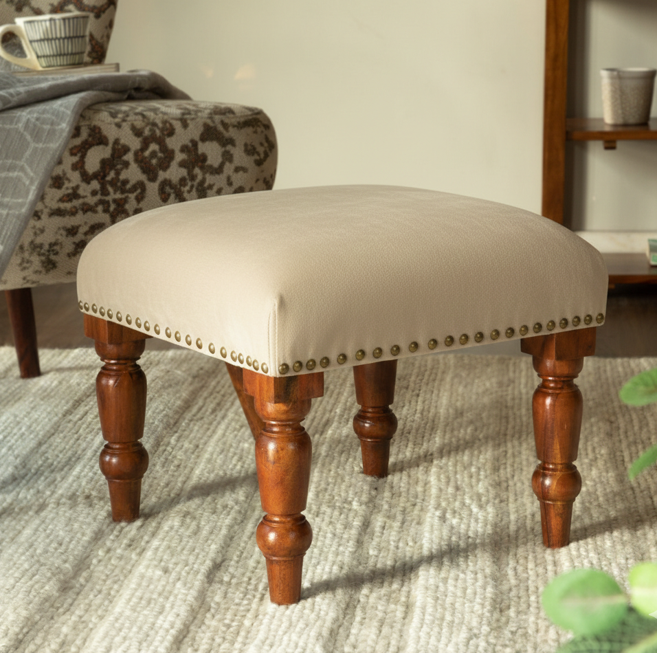 ADOUER WOOD Handcrafted SOLID Wood Footstool with Beige Upholstery and Brass Studs