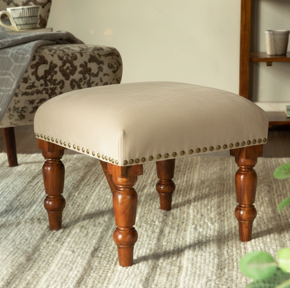 ADOUER WOOD Handcrafted SOLID Wood Footstool with Beige Upholstery and Brass Studs