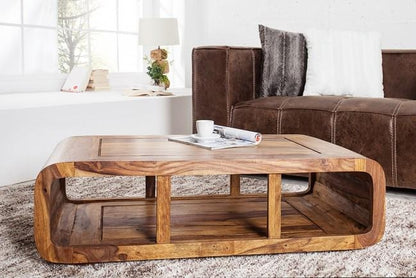 Organic Modern Sheesham Wood Coffee Table with Curved Ends and Open Compartment Storage