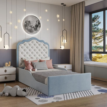 ADOUER WOOD KIDS Upholstered Toddler Bed – Elegant Button-Tufted Bed with Scalloped Headboard