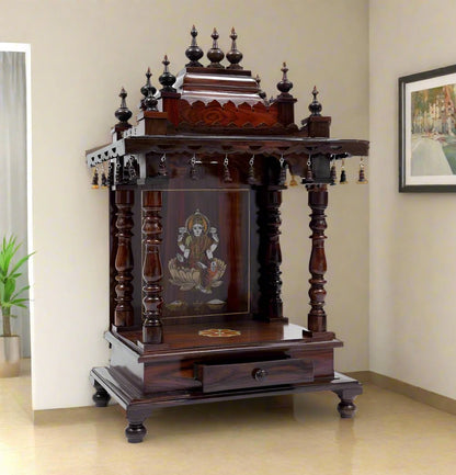 ADOUER WOOD 48" Solid Teak Wood Hand Carved Pooja Mandir (Walnut)
